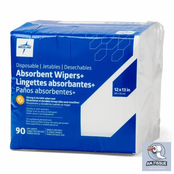 Medline Absorbent Wipers+ 90 Count Disposable Heavy Duty Dry Wipes, 12" x 13"